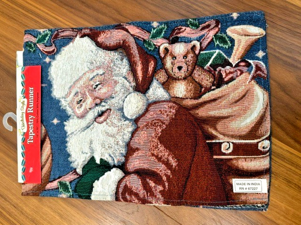 VINTAGE Tapestry Christmas Table Runner Santa Claus Present 13 x 70” Holiday NEW